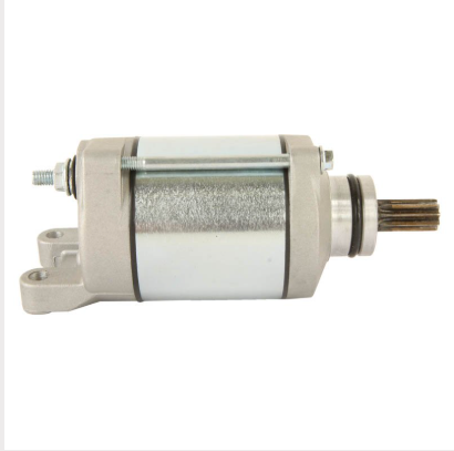 Starter motor for Kawasaki KSF450/KFX450R ATV, silver metal body with mounting tab and drive shaft.