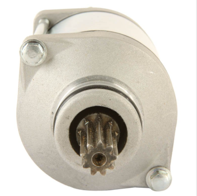 Starter motor for Kawasaki KSF450/KFX450R ATV, silver metal body with gear output shaft.