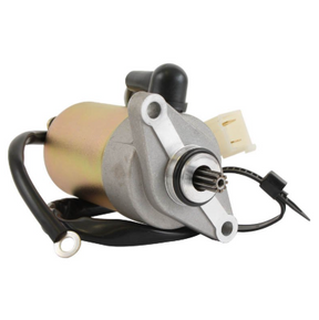 Starter motor with silver metal body, black cap, and white connector.