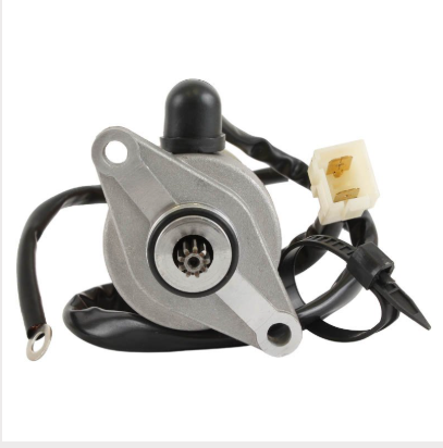 Starter motor with silver housing, black cap, and white connector; compatible with Kawasaki KFX90 and other 50cc ATVs