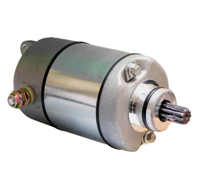 Starter motor for Honda TRX200/TRX200D Fourtrax ATV, metallic silver body with black band and splined drive shaft