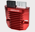 Aluminium MOSFET regulator/rectifier, red anodized finish with RMSTATOR branding, dual black/silver connectors.
