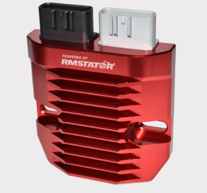 Aluminium MOSFET regulator/rectifier, red anodized finish with RMSTATOR branding, dual black/silver connectors.