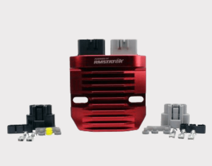 Red aluminium MOSFET voltage regulator/rectifier with harness connectors (DGT Agri)