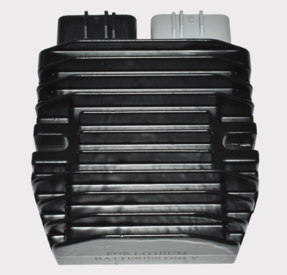 DGT Agri MOSFET voltage regulator rectifier, lithium-ion compatible, black heatsink with black/gray connectors
