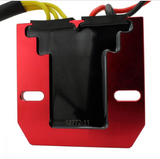 Machined aluminium MOSFET regulator/rectifier with bypass on red mounting bracket; Triumph Daytona 675/Street Triple 675