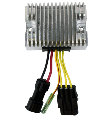 MOSFET voltage regulator rectifier by DGT Agri for Polaris ATVs; aluminum heatsink with black, red, and yellow wires.