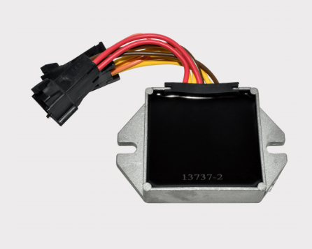 Voltage regulator by DGT Agri for Polaris snowmobiles; metal housing with red, yellow, and black wires