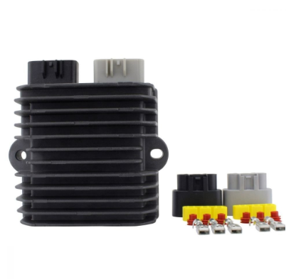 Series voltage regulator for Suzuki V-Strom DL1000 (2014–2021) by DGT Agri, black finned regulator with 2-piece connector kit.