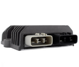Voltage regulator for Suzuki V-Strom DL1000 (2014–2021); black finned housing with white and black dual connectors.