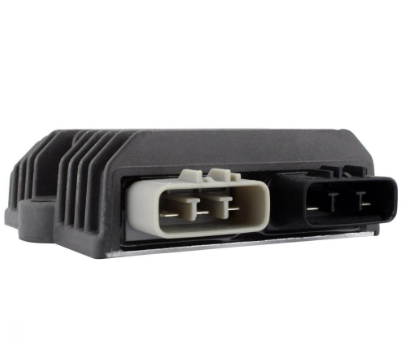 Voltage regulator for Suzuki V-Strom DL1000 (2014–2021); black finned housing with white and black dual connectors.