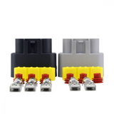 Series voltage regulator pair for V-Strom DL1000, black and gray housings with yellow connectors and metal terminals.