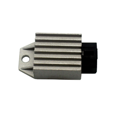 Voltage regulator by DGT Agri with a silver aluminum finned body and black connector