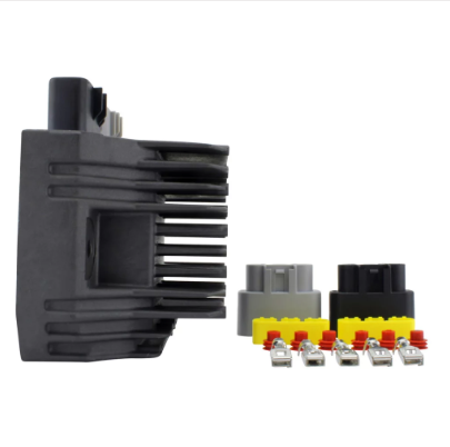 MOSFET voltage regulator rectifier, black unit with yellow/gray connectors, DGT Agri for Yamaha YZF-R1 (2004–2006)