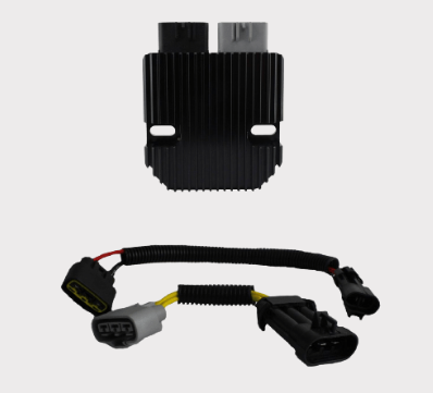 REVOLT voltage regulator by DGT Agri; black finned heatsink with multi-pin wiring harness.