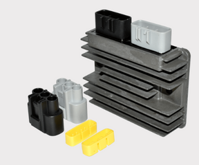 Regulator rectifier for Kawasaki Mule SX EFI by DGT Agri; black heatsink with white and black connectors