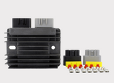 Regulator rectifier by DGT Agri for Kawasaki KAF400 Mule SX EFI, black finned unit with two connectors and six terminals