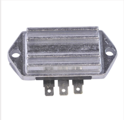 Regulator Rectifier for John Deere/Kohler engines 8–25HP, metal ribbed housing with three terminal tabs, mounting flanges.