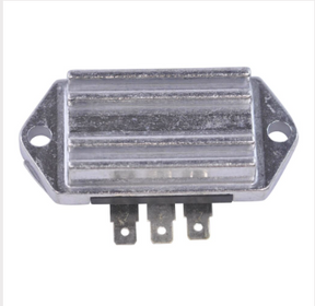 Regulator Rectifier for John Deere/Kohler engines 8–25HP, metal ribbed housing with three terminal tabs, mounting flanges.