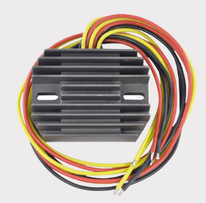 Universal MOSFET regulator/rectifier with black finned aluminum heat sink and red, yellow, and black wires