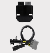REVOLT regulator/rectifier and wiring harness for Polaris; black finned heatsink module with dual top connectors.