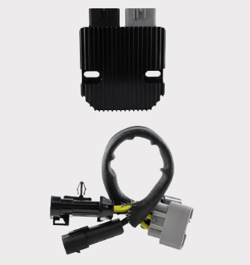 REVOLT regulator/rectifier and wiring harness for Polaris; black finned heatsink module with dual top connectors.