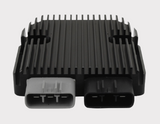DGT Agri REVOLT regulator/rectifier for Honda TRX300 ATV; black finned aluminum with gray and black connectors.