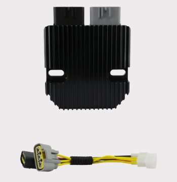 REVOLT regulator rectifier for Triumph/Ducati motorcycles by DGT Agri; black finned aluminum unit with wiring harness