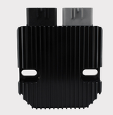 REVOLT Regulator Rectifier for Triumph and Ducati motorcycles, black finned housing with dual connectors.