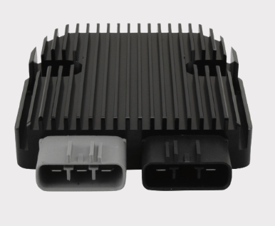 REVOLT Regulator Rectifier for Triumph/Ducati motorcycles, black heatsink with gray and black connectors, by DGT Agri