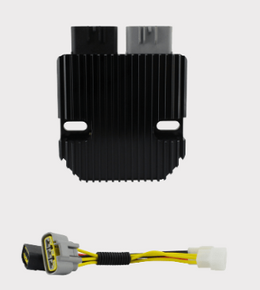 REVOLT regulator rectifier for motorcycles by DGT Agri; black finned unit with dual top plugs and yellow wiring.