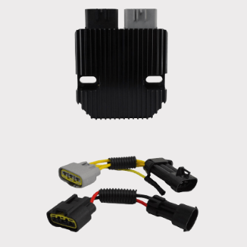 REVOLT regulator rectifier by DGT Agri, black heatsink unit with dual top connectors and attached wiring harnesses.