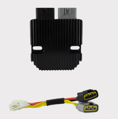REVOLT regulator rectifier with black heatsink and dual connectors; wiring harness included