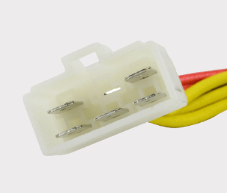 REVOLT regulator rectifier connector; white plastic housing with 6 metal pins and yellow wires