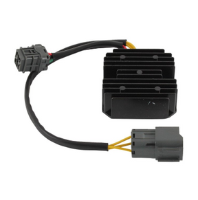 Regulator rectifier for Arctic Cat DVX 250/300 ATV by DGT Agri, black finned heat sink with gray and yellow connectors