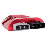 DGT Agri CNC Series regulator/rectifier for Polaris Ranger/RZR 800–1000, red aluminum heatsink, dual 3-pin connectors.