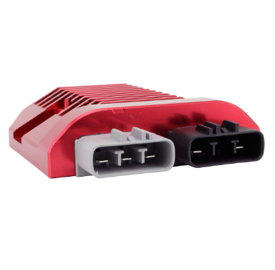 DGT Agri CNC Series regulator/rectifier for Polaris Ranger/RZR 800–1000, red aluminum heatsink, dual 3-pin connectors.
