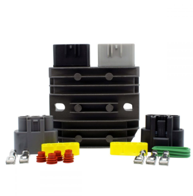 Series Regulator Rectifier by DGT Agri with black heatsink, dual top connectors, and wiring harness kit.