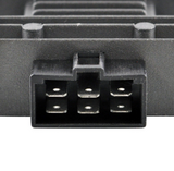 Regulator rectifier six-pin connector in black plastic housing