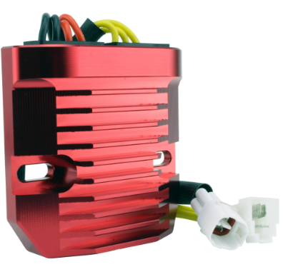 CNC MOSFET Regulator Rectifier by DGT Agri, red aluminum housing with multi-colored wires and white connector