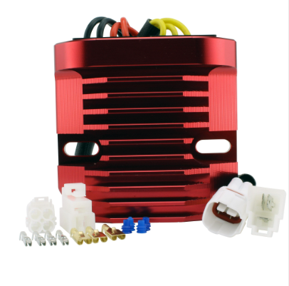 CNC MOSFET Regulator Rectifier for Suzuki motorcycles; red aluminum housing with wiring harness and assorted connectors