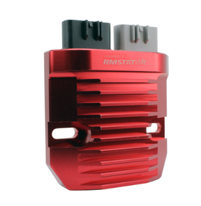 DGT Agri CNC MOSFET regulator rectifier, red aluminum heatsink with dual top connectors, RMSTATOR branding.