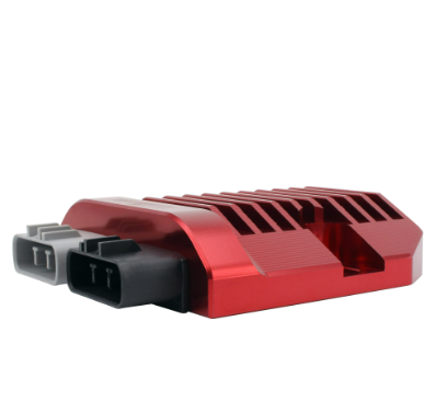 CNC MOSFET regulator rectifier module, red aluminum housing with black dual-pin connectors
