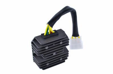 Regulator rectifier for Polaris Outlaw 110/Sportsman 110/RZR 170 Youth ATVs, black finned unit with white connector.