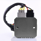 MOSFET Regulator Rectifier for Polaris vehicles by DGT Agri, metal gray housing with gray and black connectors and wiring harness