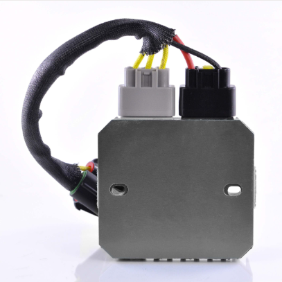 MOSFET Regulator Rectifier for Polaris vehicles by DGT Agri, metal gray housing with gray and black connectors and wiring harness