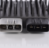 MOSFET regulator rectifier stage 2 kit connectors; gray and black multi-pin plugs with exposed pins on a heatsink