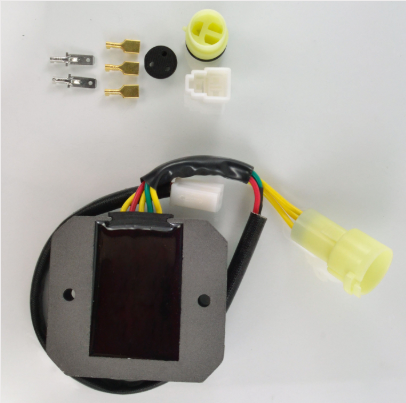 Voltage regulator for Honda TRX300/TRX300FW ATV by DGT Agri; includes wiring harness and yellow/white connectors.