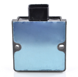 Regulator rectifier for Honda TRX700XX ATV, blue front plate, black housing.