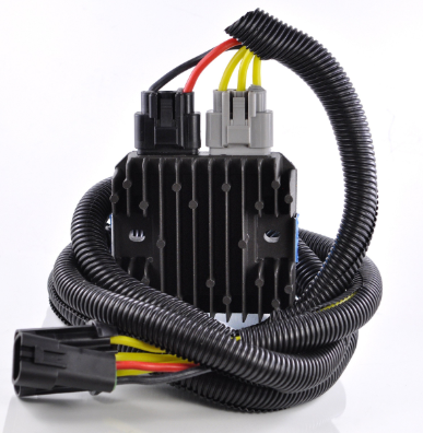 Heavy-duty MOSFET regulator/rectifier with front-hood relocation kit for Polaris RZR 570/900/1000 and Ranger/Sportsman; black finned heatsink, multi-wire harness